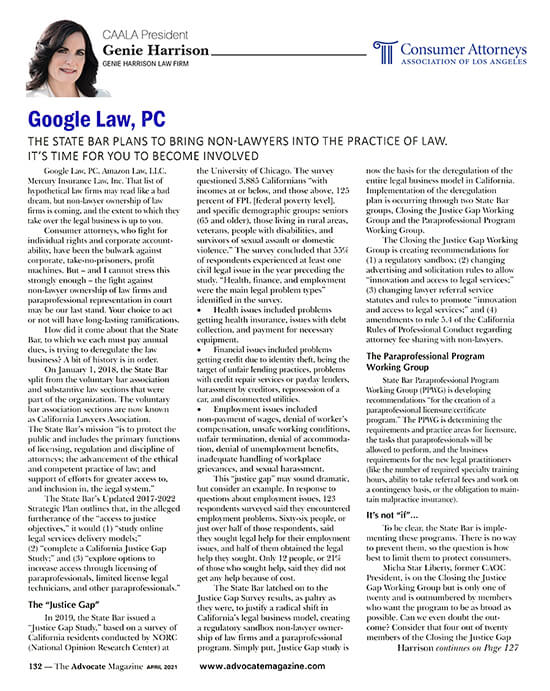 Google Law - Genie Harrison's column in CAALA Advocate April 2021